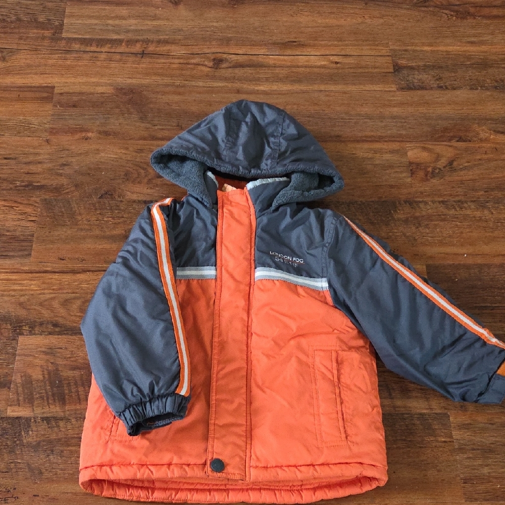 London Fog Kids Puffer Jacket in Vibrant Orange and Charcoal